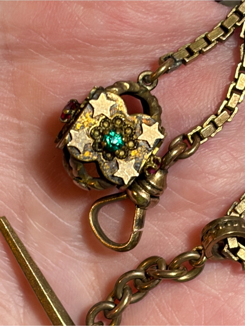 Victorian Gold Fill Or Gold Shell Pocket Watch Fob With Different Color Gems - Picture 5 of 16